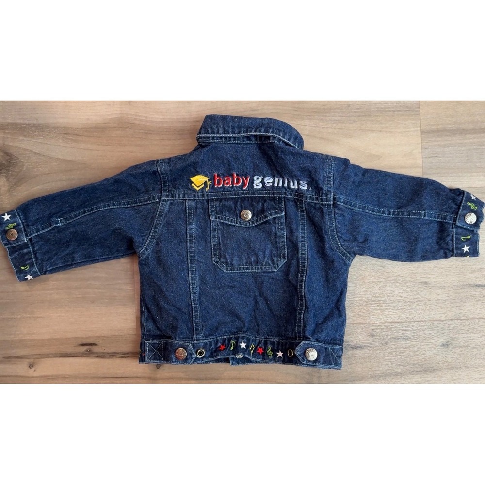 Baby Genius Vintage Denim Jacket 12M Embroidered Music Notes Dark Wash Blue